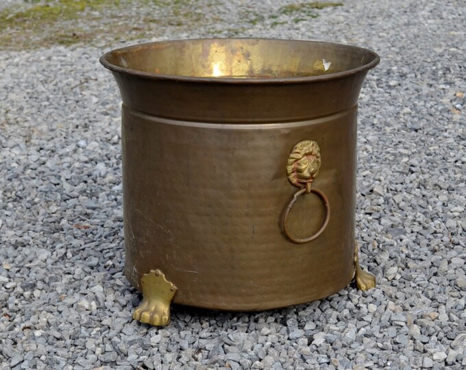 Vintage Large Brass Planter Lion Head Handles 13 Inch Pot Jardiniere Aged Patina Fireplace Decor
