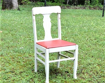 Vintage White Wooden Chair Red Vinyl Seat Chippy Painted Furniture Side Desk Chair Cottage Farmhouse Decor No 1 Vintage Chair PanchosPorch