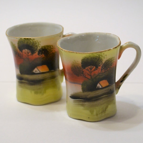 Vintage Hand Painted Teacup Set of 2 Demitasse Cup Chocolate Pot Cup Cottage Water Trees Japan PanchosPorch