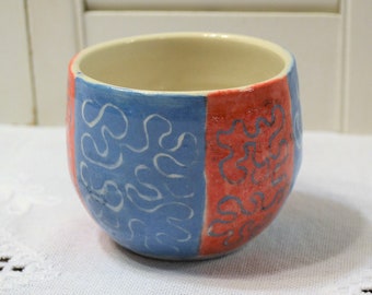 Vintage Handmade Pottery Bowl: Red Blue Squiggle Design, Signed Art Pottery