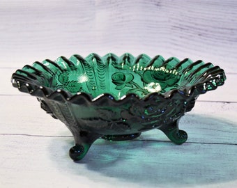 Vintage Teal Green Footed Glass Bowl Candy Dish Rose Flower Pattern Crimped Ruffle Edge L E Smith Collectible Glass PanchosPorch