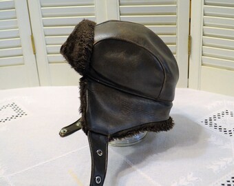 Vintage Mens Genuine Trooper Hat Brown Winter Hat with Ear Flaps Size Medium Faux Leather and Fur Aviator Style Hat PanchosPorch