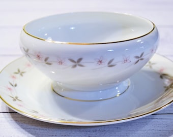 Vintage Jyoto Juliet Gravy Boat: Mid Century Pink Floral Gold Trim