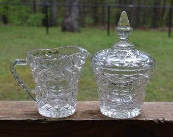 Vintage Pressed Glass Sugar Bowl and Creamer Set Collectible Glassware PanchosPorch