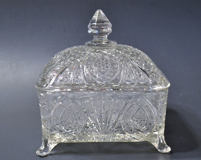 Vintage Square Candy Dish With Lid Clear Pressed Glass Footed Trinket
