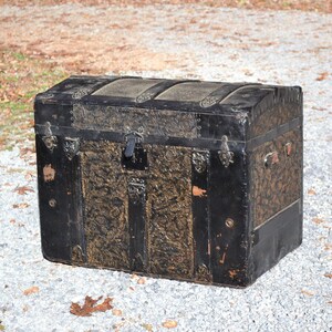 1900s Vintage Belgian Dome Top Trunk with Canvas Over Wood Leather Handles  Brass Hardware