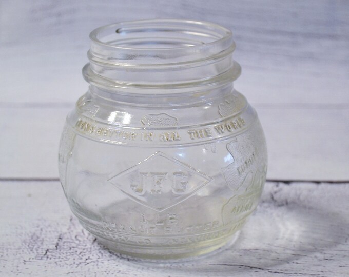 Vintage JFG Peanut Butter Jar Round World Shape Glass Jar 1 Pound Size