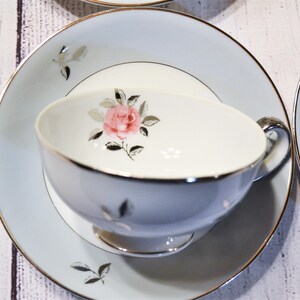 Vintage Seyei Bella Maria Cup and Saucer Set of 4 Pink Roses Silver Leaves Elegant Mid Century Dinnerware Wedding China Japan PanchosPorch