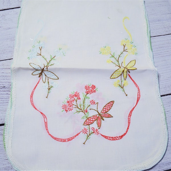 Vintage Embroidered Table Runner Dresser Scarf Butterflies Flowers Pink Yellow Blue Crochet Edging Vintage Linens CLEARANCE Panchosporch