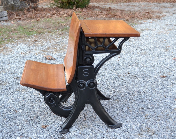 Vintage Caxton School Desk Cast Iron Metal and Wood Small Size