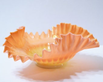 Vintage Fenton Art Glass Peach Pink Bowl Ruffle Crimped Overlay 8 inch Collectible Glass Bride Bowl PanchosPorch