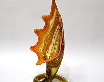Vintage Art Glass Vase Coil Base Orange Gold Stretch Glass Sculpture 1960's
