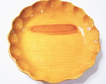 Vintage Shallow Wooden Bowl Scalloped Rim Fruit Bowl Centerpiece Rustic Farmhouse Kitchen PanchosPorch