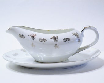 Vintage Fukagawa Arita White Rose Gravy Boat and Underplate Platinum Roses Floral Pattern 1040 Japan PanchosPorch