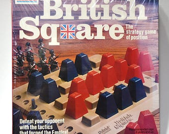 May include: A square board game box titled British Square, The strategy game of position, featuring a beige grid board with red and blue trapezoidal playing pieces. The box displays the Gabriel logo, text about tactics, and an illustration of soldiers.