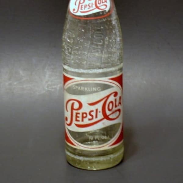 Vintage Pepsi Cola Soda Bottle 10 oz  Clear Glass Bottle ACL Red White 1953 Embossed Pop Bottle Advertising PanchosPorch