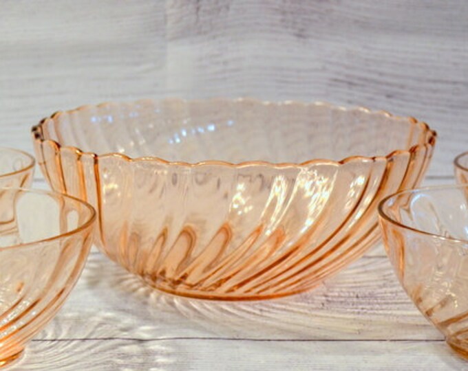 Vintage Pink Glass Salad Bowl Set of 5 Arcoroc Rosaline Serving Bowl
