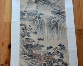 Vintage Asian Scroll Silk Painting Mountain Landscape Original Signed 65 x 17 Chinoiserie Hanging Scroll Wall Decor Panchosporch