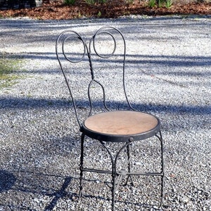 Vintage Black Metal Ice Cream Parlor Chair Owl Face Backrest Worn Seat Twisted Wrought Iron Metal Chair Vintage Furniture PanchosPorch