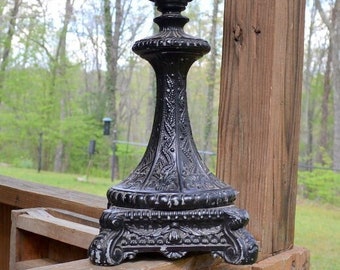 Vintage Cast Metal Lamp Base Chippy Black Ornate Lamp Part Piece Restoration Repurpose Heavy Salvaged Metal Part PanchosPorch