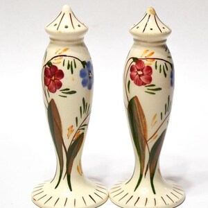 May include: A pair of vintage ceramic salt and pepper shakers. The shakers are off-white with a floral design featuring red and blue flowers, green leaves, and brown stems. The base is flared, and the top has a conical shape with small holes.
