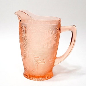 Vintage Tiara Pink Sandwich Glass Pitcher: Floral Scroll, Indiana Glass