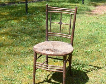 Antique Side Chair: Floral Painted Wood, Worn Rush Seat, Restoration Project