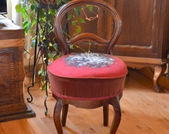 Vintage Victorian Parlor Chair: Floral Needlepoint Drum Seat, Signed