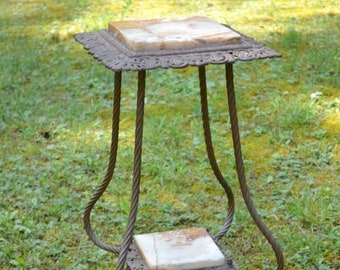 Vintage Cast Iron PLANT STAND Marble Inserts Fern Stand Ornate Square Side Table Faux Rope Fish Face Feet Victorian Home Decor PanchosPorch