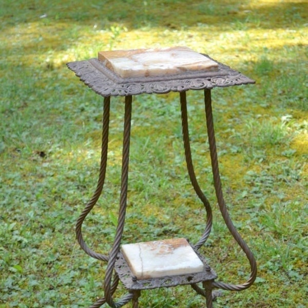 Vintage Cast Iron PLANT STAND Marble Inserts Fern Stand Ornate Square Side Table Faux Rope Fish Face Feet Victorian Home Decor PanchosPorch
