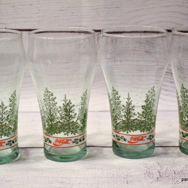 Vintage Coca Cola Christmas Glass Tumbler Set of 4 Holly Ribbon Pine Tree Scene Bell Shaped Glassware Libbey Glassware PanchosPorch