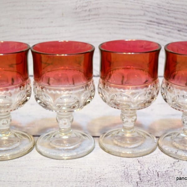 Vintage Kings Crown Ruby Flash Juice Glass Set of 4 Clear Cranberry Red Glassware Thumbprint Tiffin Franciscan Stemwar PanchosPorch