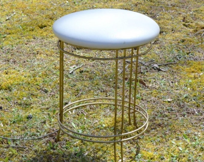 Vintage Brass Vanity Stool Vinyl Upholstered Seat Gold Metal Seat