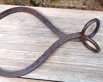 May include: A pair of antique iron ice tongs featuring a heavily rusted, textured surface. The tool consists of two curved, pointed arms connected by a central pivot point, with two circular finger loops at the handle end for manual operation.