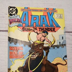 May include: A vintage comic book cover featuring "Arak, Son of Thunder." The cover art depicts a muscular figure riding a bull, with the text "Beware the Bull of Heaven!" and "Valda the Iron Maiden."