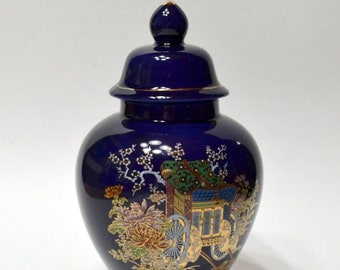 Vintage Cobalt Blue Ginger Jar with Lid Cart Wagon Floral Gold Trim Chinoiserie Vase Asian Decor Kutani Style Japan PanchosPorch