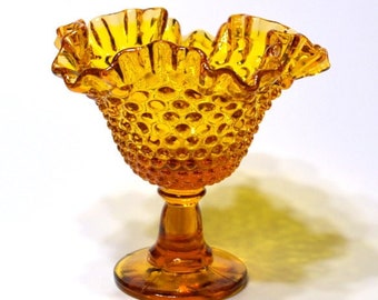 Vintage Amber Glass Pedestal Bowl Hobnail Pattern Crimp Rim Rich Gold Glass Fenton Footed Compote Candy Dish Retro Glassware PanchosPorch