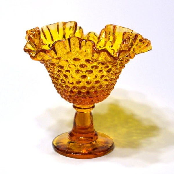 Vintage Amber Glass Pedestal Bowl Hobnail Pattern Crimp Rim Rich Gold Glass Fenton Footed Compote Candy Dish Retro Glassware PanchosPorch