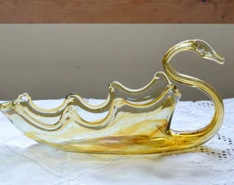 Vintage Glass Swan Bowl Light Gold Art Glass Centerpiece Planter Mid Century Blown Glass Bird PanchosPorch