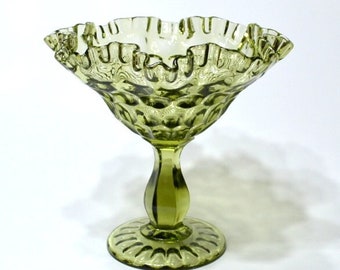 Vintage Green Glass Ruffled Pedestal Bowl Compote Light Olive Green Candy Dish Crimped Rim Thumbprint Pattern Retro Glassware PanchosPorch