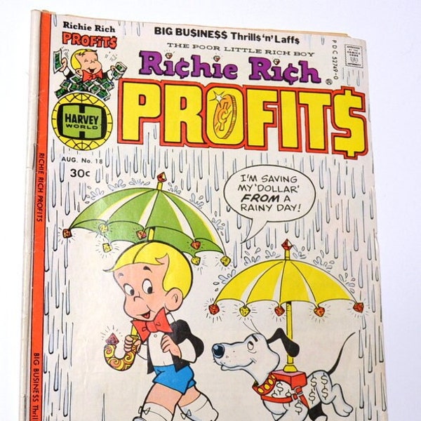 Vintage Richie Rich Profits Comic Book No 18 Harvey Comics August 1977 Poor Little Rich Boy Dog Umbrella Childhood Memory PanchosPorch