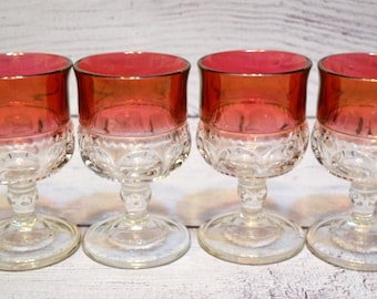 Vintage Kings Crown Ruby Flash Juice Glass Set of 4 Clear Cranberry Red Glassware Thumbprint Tiffin Franciscan Stemwar PanchosPorch