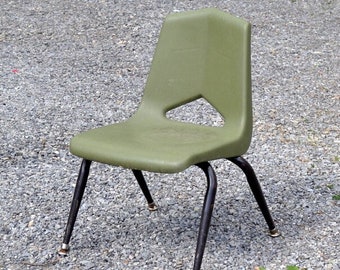 Vintage Avocado Green Child's School Chair: MCM Molded Plastic Seat