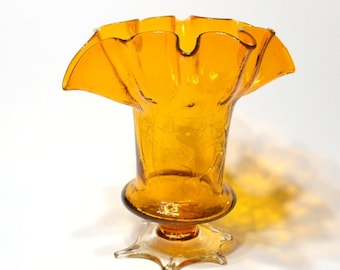 Vintage Amber Crackle Glass Vase: Ruffle Rim Art Glass