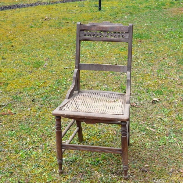 Vintage Wooden Eastlake Chair Worn Weathered Barn Find Cane Seat Restoration Project Antique Rustic Farmhouse Cottage Furniture PanchosPorch