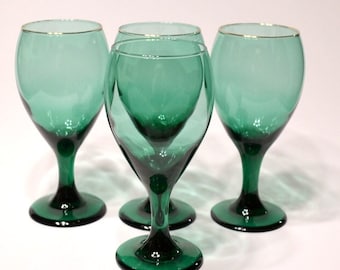 Vintage Teardrop Juniper Wine Glass Set of 4 Worn Gold Rim Green Barware Stemware Libbey Glassware PanchosPorch