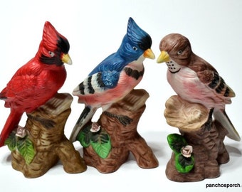 Vintage Bird Figurine Set of 3 Instant Collection Cardinal Blue Jay Lecroy Ceramic Knick Knack Statues Taiwan PanchosPorch