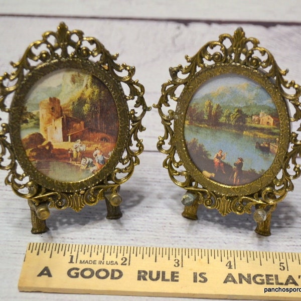 Vintage Miniature Brass Frame Set of 2 Tiny Ornate Oval Frames with Easels Landscape Shelf Decor Victorian Style Made in Italy PanchosPorch