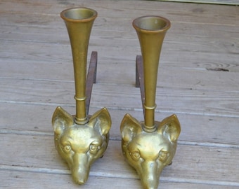 Vintage Brass Fox and Horn Andirons RARE Fireplace Fire Dog Set  Fox Head Andirons Hearth Decor Traditional Hunting Hound Theme PanchosPorch