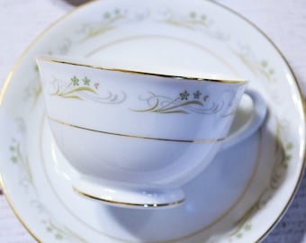 Vintage Sango Belaire Cup and Saucer Set(4): Green Floral Scrolls, Japan